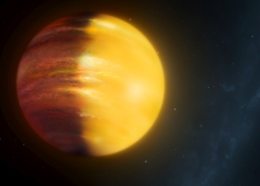 An artist's rendering of HAT-p-7b, a gas giant with ruby and sapphire clouds