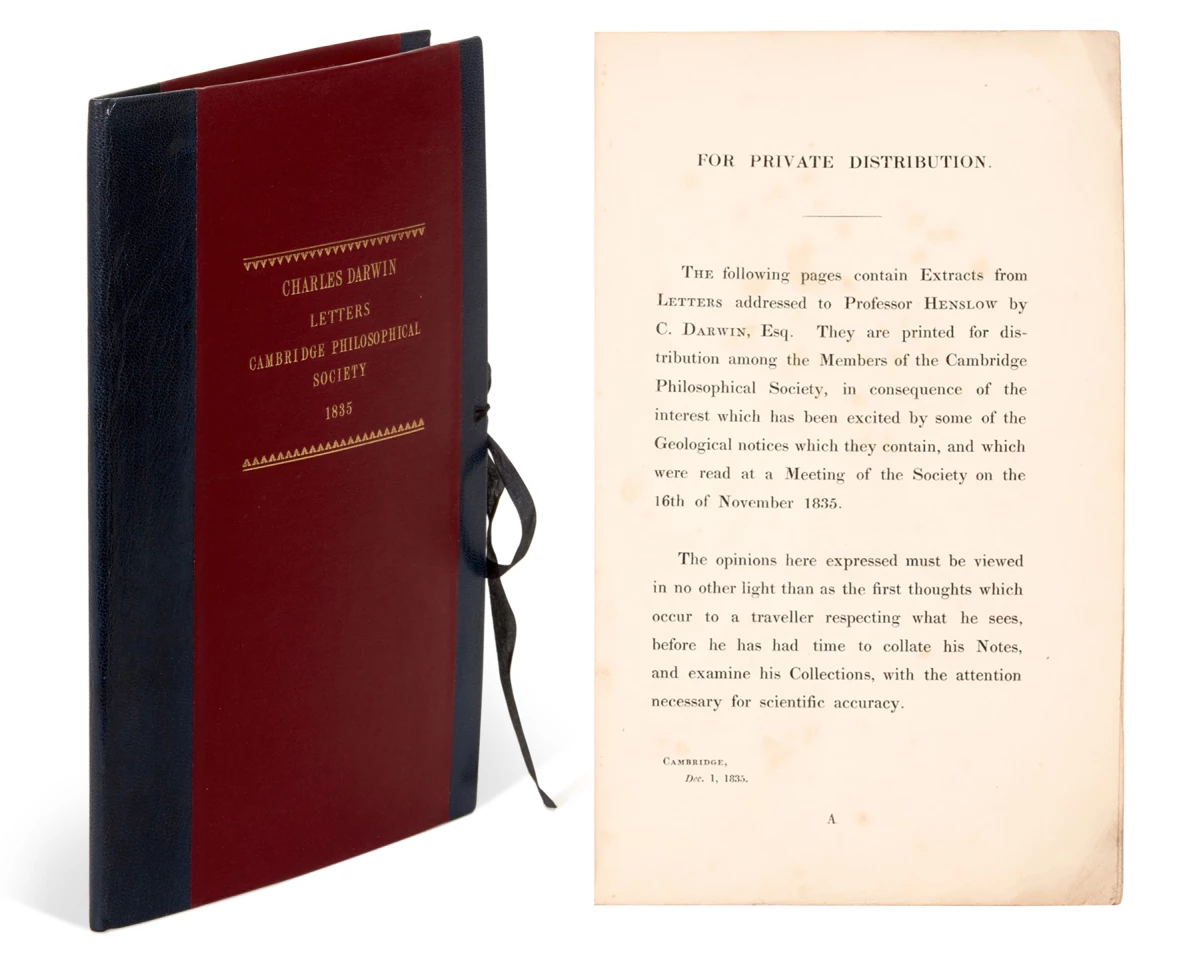 The first edition of Darwin's first separately printed work, this compilation of letters from Charles Darwin to Professor Henslow (1835) sold for $218,777 at Sotheby’s on December 8, 2020