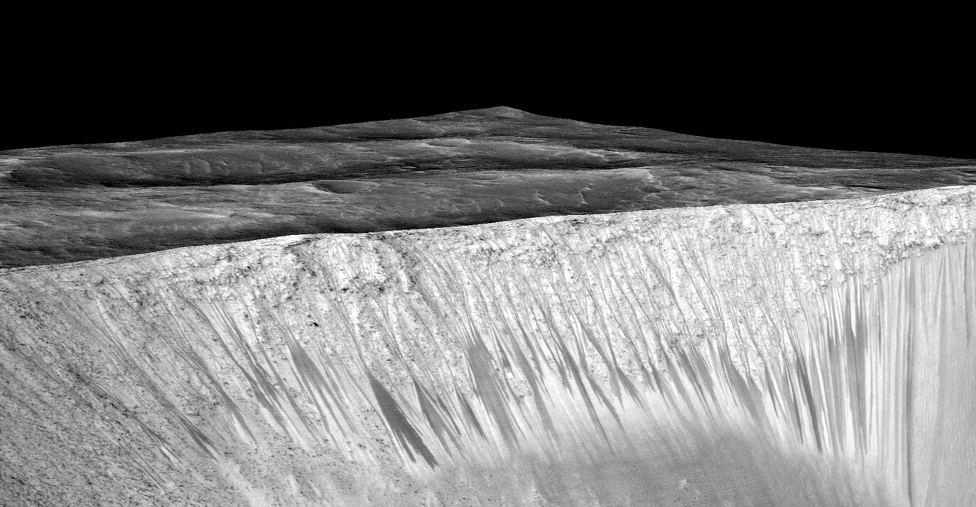 An orthorectified image draped on a digital terrain model of the walls of Gale crater displaying clear examples of RSL