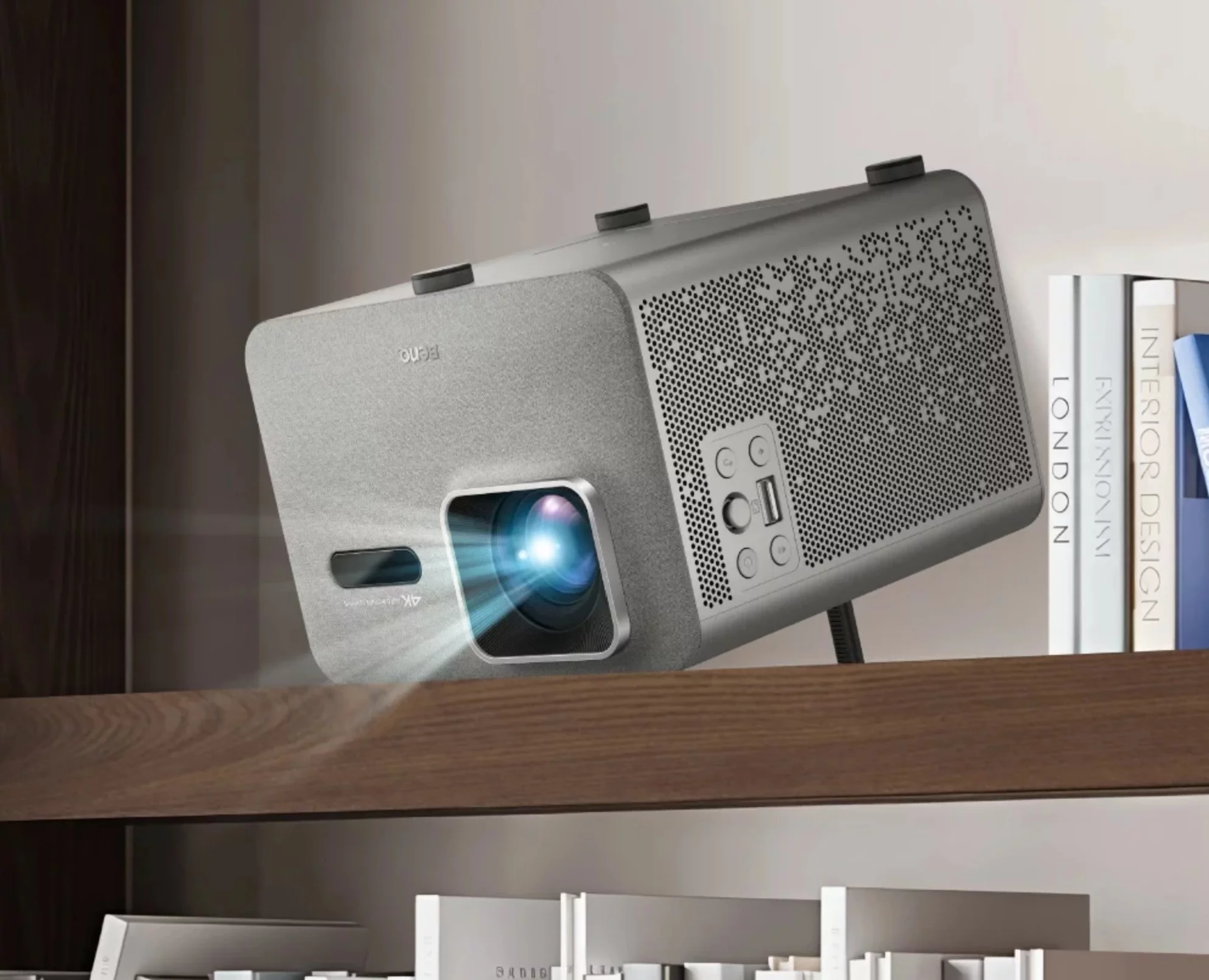 Adjustable feet cater for inverted projection from high on the bookcase - no stand needed