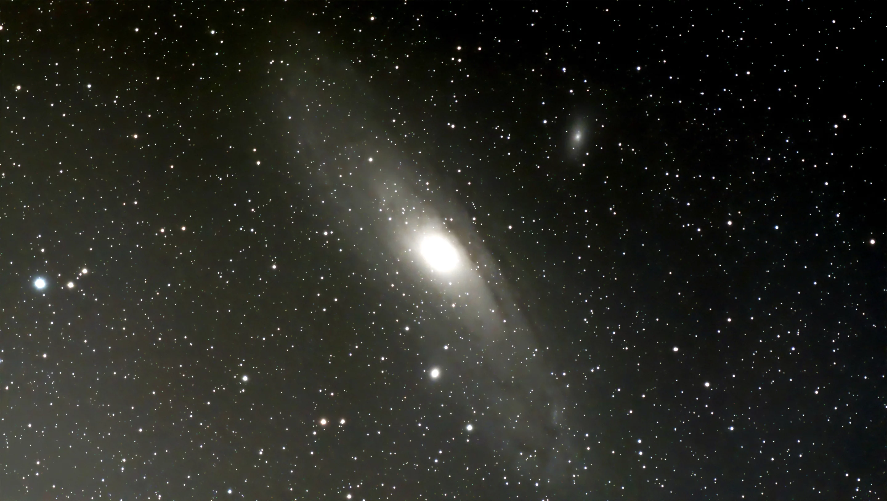 Stacked image of the Andromeda Galaxy - shutter 15, gain 60, stack count 150 (image tweaked using GIMP)