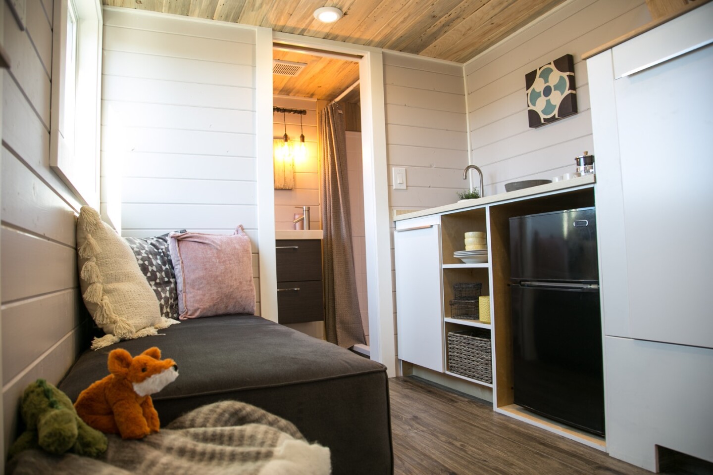 The Kentucky Donut Shop's living area includes a small kitchenette