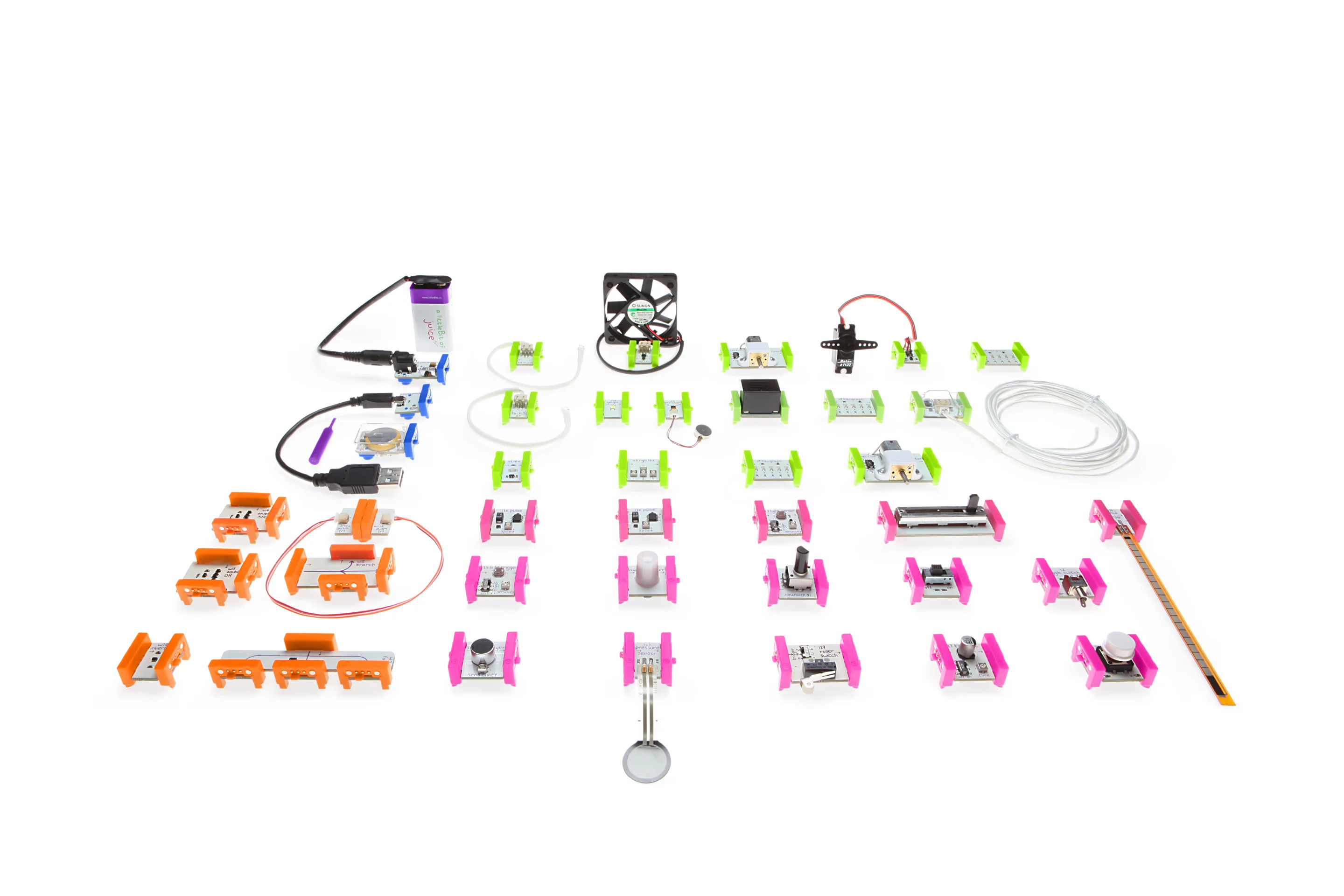littleBits library withblue power Bits, pink input bits, green output bits and orange wire bits (Photo: littleBits)
