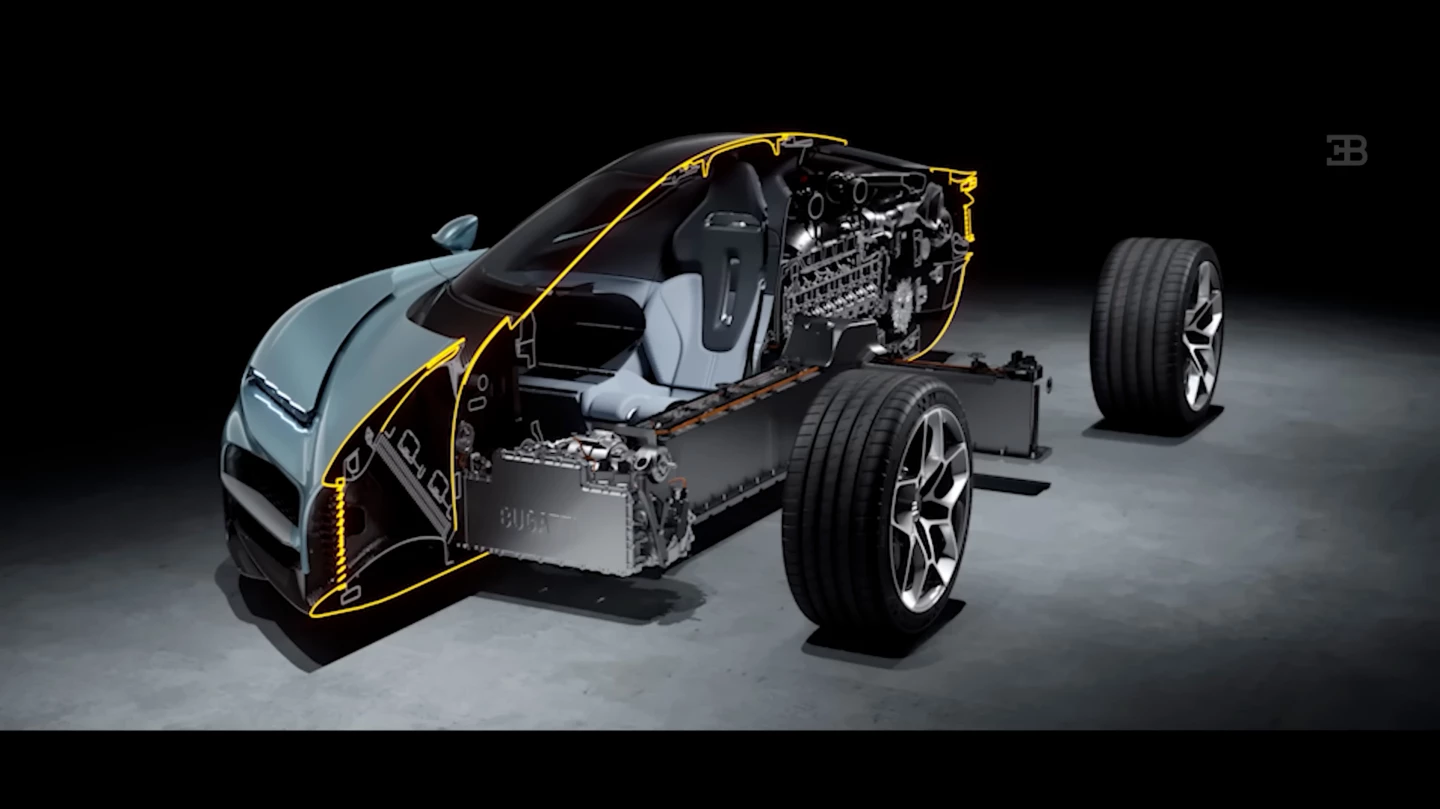 A cutaway of the Bugatti Tourbillon showing the T-shaped battery back and electric motors up front