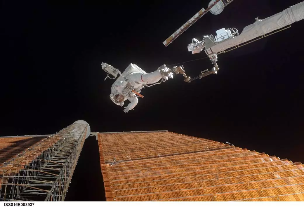 Astronaut Scott Parazynski assesses his repair work over the International Space Station's solar array on November 3, 2007