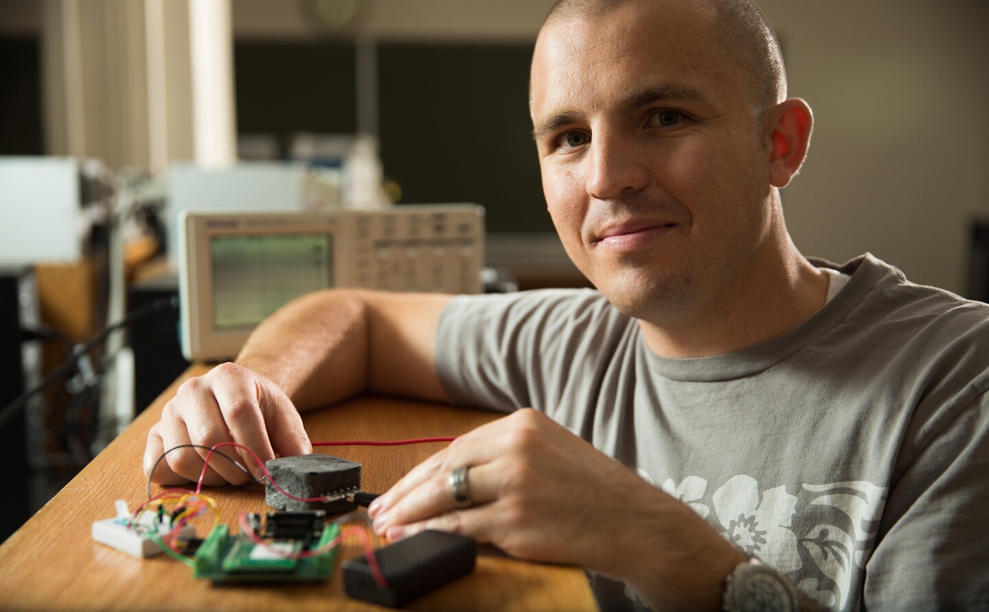 Jake Merrell in the lab with his smart foam