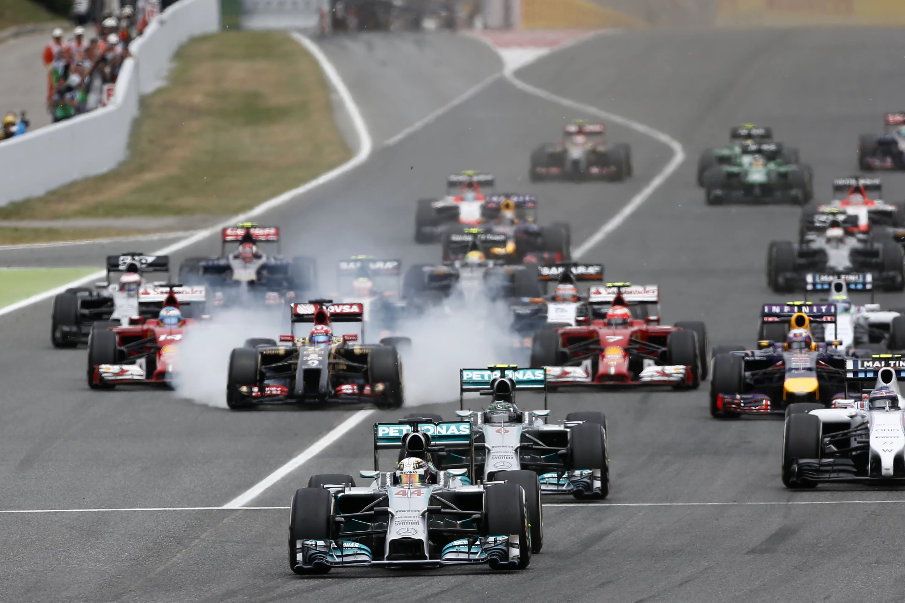 One lap down in the 2014 Spanish Grand Prix and it's already Mercedes 1-2 and the rest fighting for third