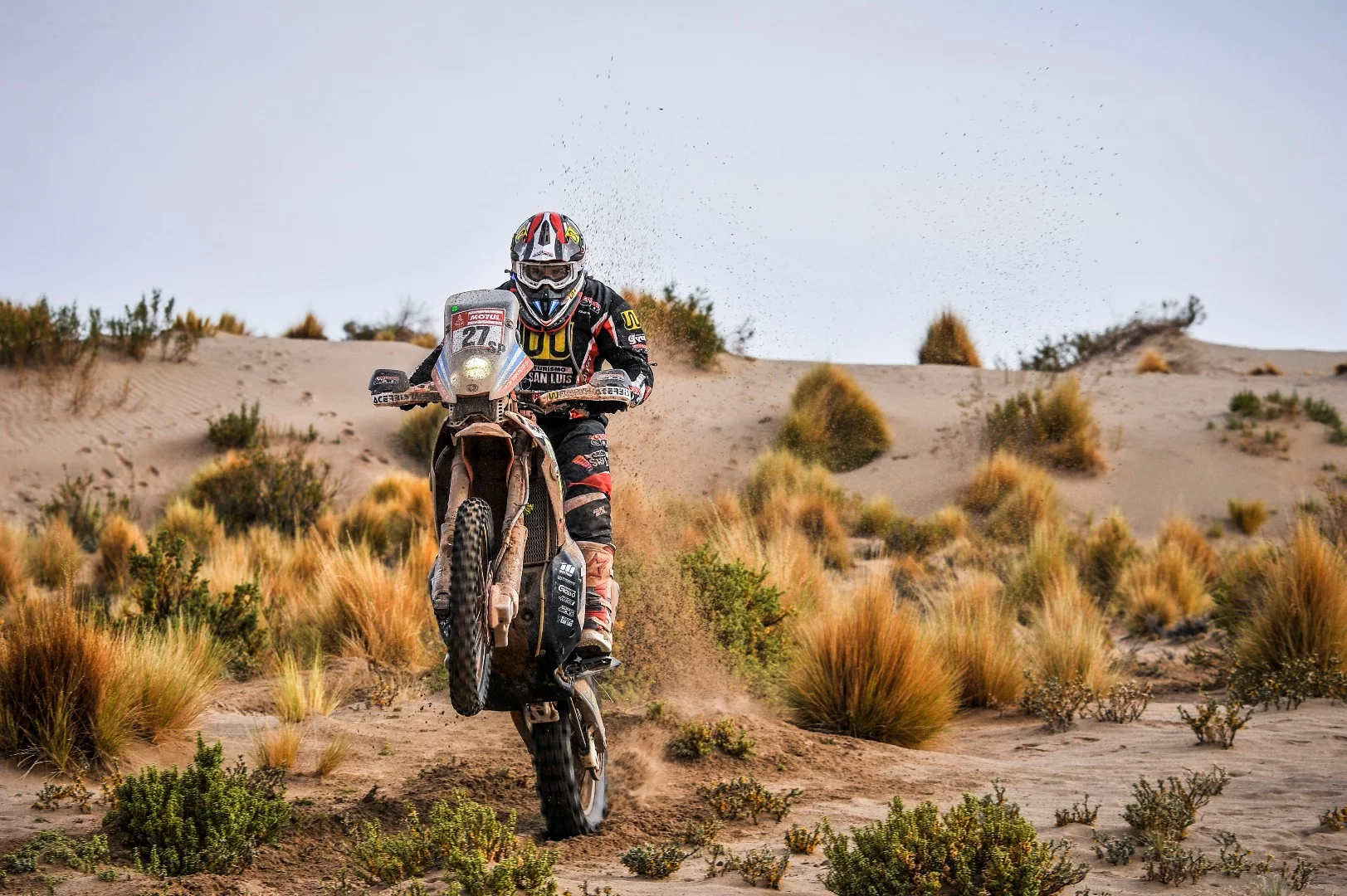 The furious action begins again for Stage 8, as Argentina's Diego Martin Duplessis wheelies his Honda through the Bolivian scrub