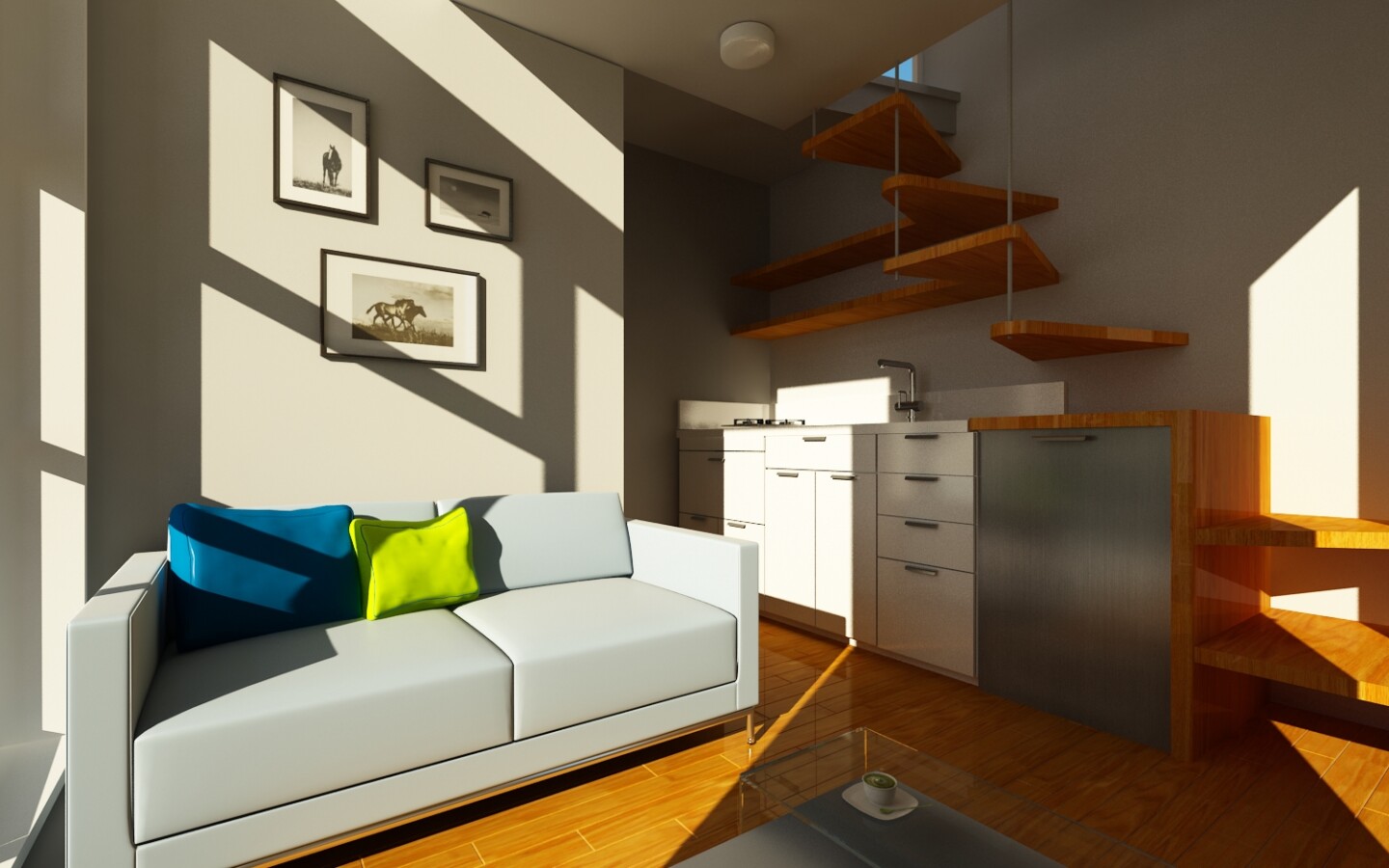 The pint-sized dwelling shoe-horns a living area, kitchen, bathroom, and upstairs sleeping area into its small physical footprint