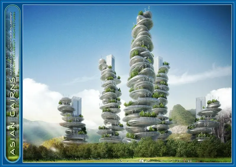 Tasked with creating an urban structure that addresses the growing population of Shenzhen while producing more energy than it consumes, VCA decided to model a set of six buildings after cairns - man-made stacks of small rocks typically built by hikers to mark trails