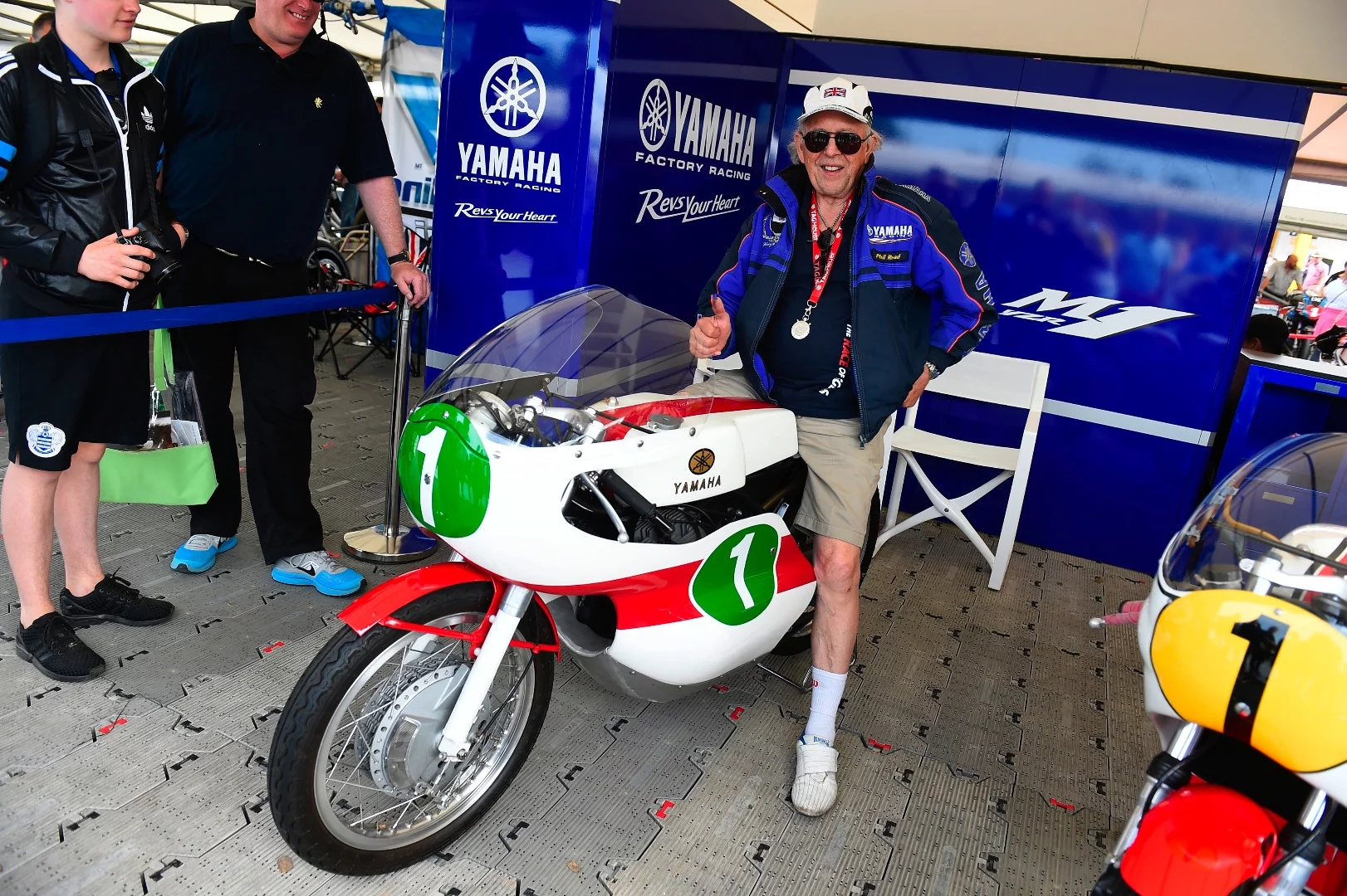 Phil Read and the 50 hp 1964 Yamaha RD56 on which he narrowly defeated Jim Redman's Honda to take the 1964 250 World Championship