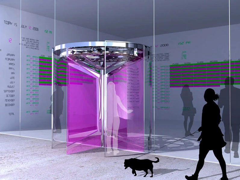 Schematic of FLUXXlab's Revolution Door, a power-generating revolving door