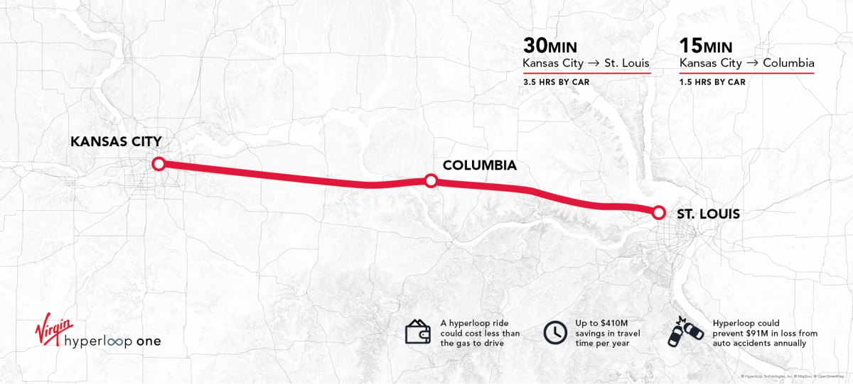 Virgin Hyperloop One says a route between St Louis and Kansas City would cut travel times on the ground to 28 minutes