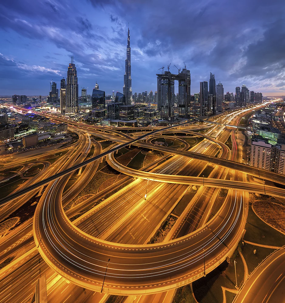 Winner of 3rd place in the Professional Cityscapes category: Carsten Bachmeyer - Endless stream. A famously elaborate crossroads in Dubai
