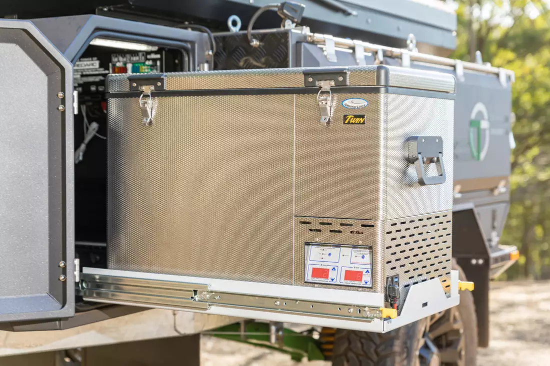 Offtrax equips the fridge slide-out standard and offers a National Luna 60-L fridge as an option