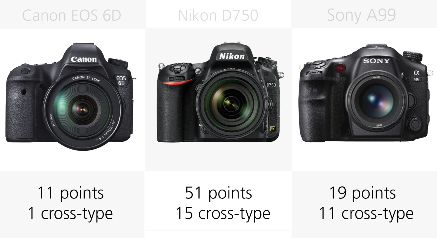 Full frame DSLR autofocus comparison Canon EOS 6D, Nikon D750, Sony A99