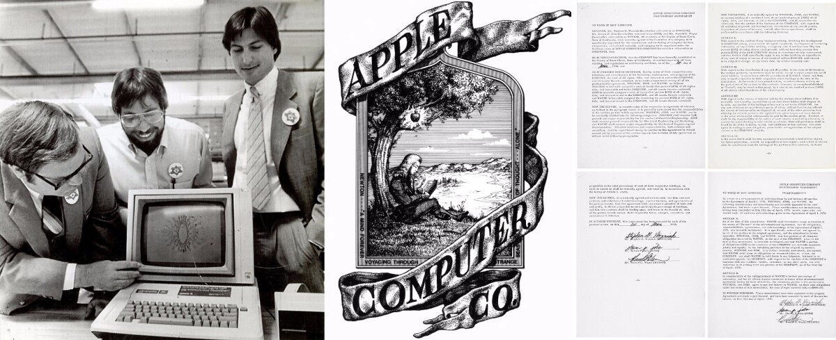 The world's biggest company and certainly one of it's best known brands began just four decades ago. The company that pioneered the WYSIWYG computer-human-interface has had it's ups and downs, but survived several near-death experiences before finding it's stride and creating the iPod, iPhone, iPad and a host of other innovations that have changed the world. This is the document which marked the beginning of the first stage of the journey. The names Steve Jobs and Steve Wozniak now loom large in history, while Ronald G. Wayne's contribution is at best a footnote. Wayne (pictured above with Woz and Jobs), was the "adult in the room" at the time, and he drew the first Apple logo (above right - yet another tribute to the greatest scientist in history), wrote the original partnership agreement and was responsible for compiling the Apple I computer manual. He sold his 10 percent stake two weeks into the partnership for just $800 – at today's prices, a 10 percent stake would be worth more than US$60,000,000,000 (that's $60 billion). He later accepted $1500 to forfeit any claims against Apple.