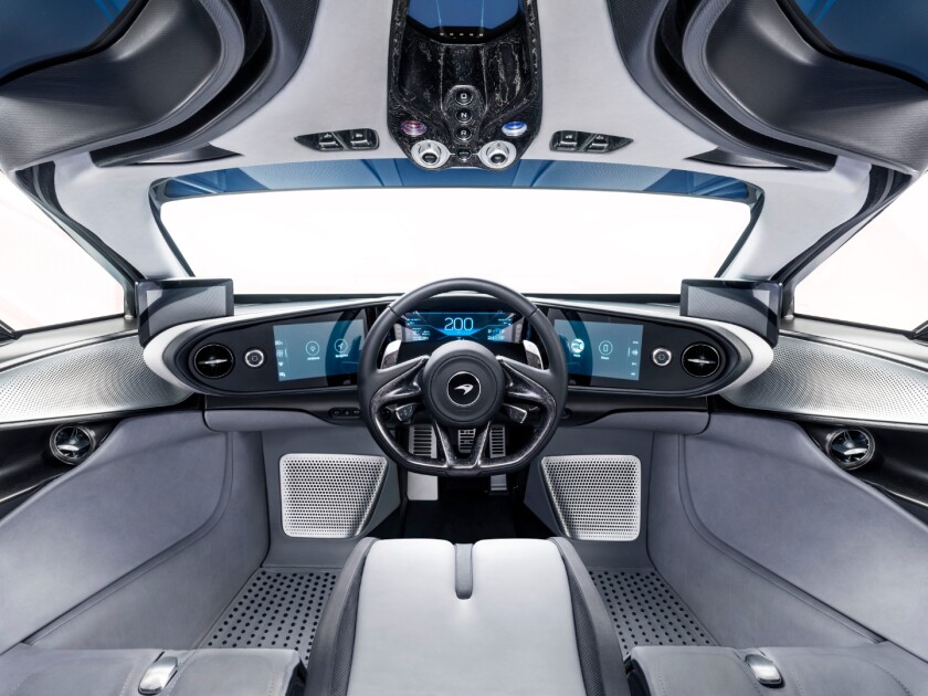 McLaren Speedtail: symmetrical cockpit places the driver's seat front and center, with an unobscured view of the road and overhead controls so you can feel like a fighter pilot when you fire it up or put it in reverse