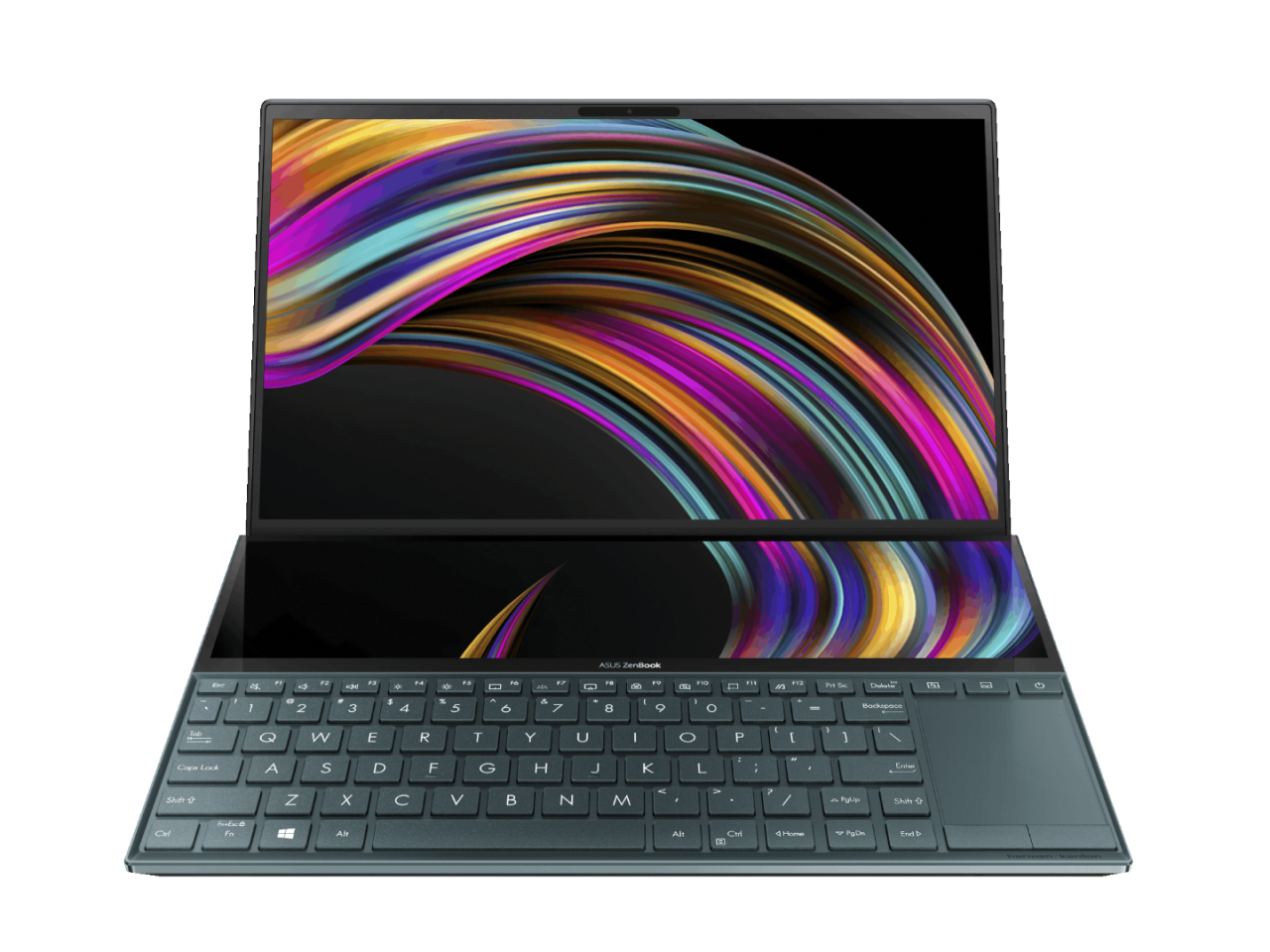 The ScreenPad Plus is positioned below the main 15.6-inch OLED display panel of the ZenBook Pro Duo, over the hinge