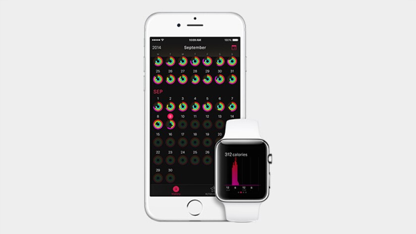The watch's health app integrates with an iPhone