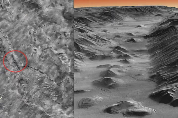 Left: a global view of Valle Marineris (circled). Right: a close-up view of the same region, highlighting the drastic difference in scales offered by the new high-resolution global map of Mars