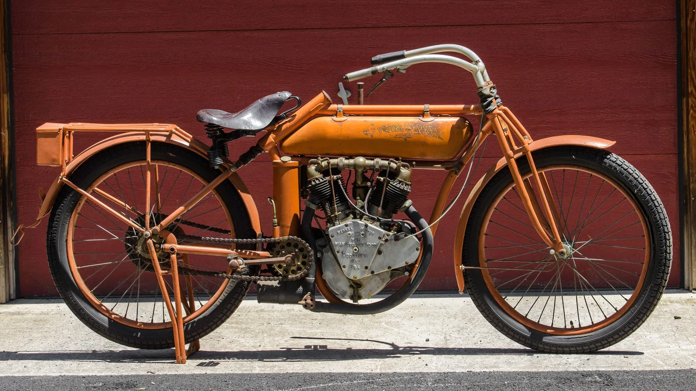 From 50 years in the collection of AMCA founding member and AMA Hall of Fame inductee Emmett Moore, this very original and completely unmolested 1914 Flying Merkel Twin still has the original tank graphics. It was expected to sell in the $150,000 to $175,000 range but hammered for $85,000, which adds up to a total $93,500 price with the buyer's premium included. What a bargain!
