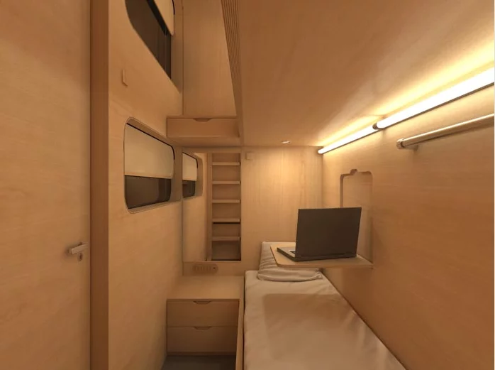 Inside the Sleepbox ... a bed, desk, and room to relax