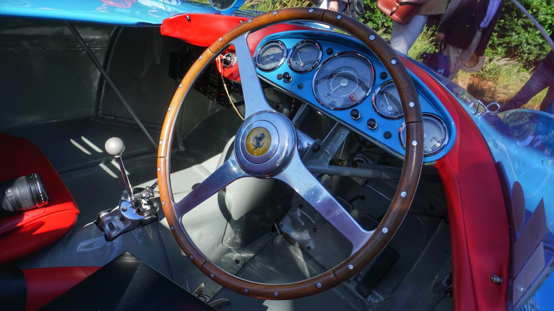 1955 500 Mondial Spyder – the striking red interior and French blue exterior are its unusual, but correct and original, colors