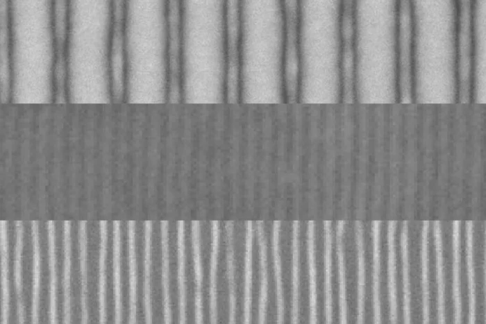 At the top are the standard lines, created with an electron beam; in the middle, the number of lines is multiplied by four, thanks to the block copolymer layer and a top protective layer; and at the bottom, the lines are exposed when the top layer is etched away