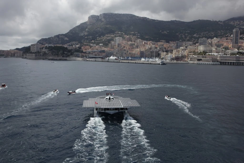 The TURANOR PlanetSolar, as it enters Monaco's Hercule Harbor