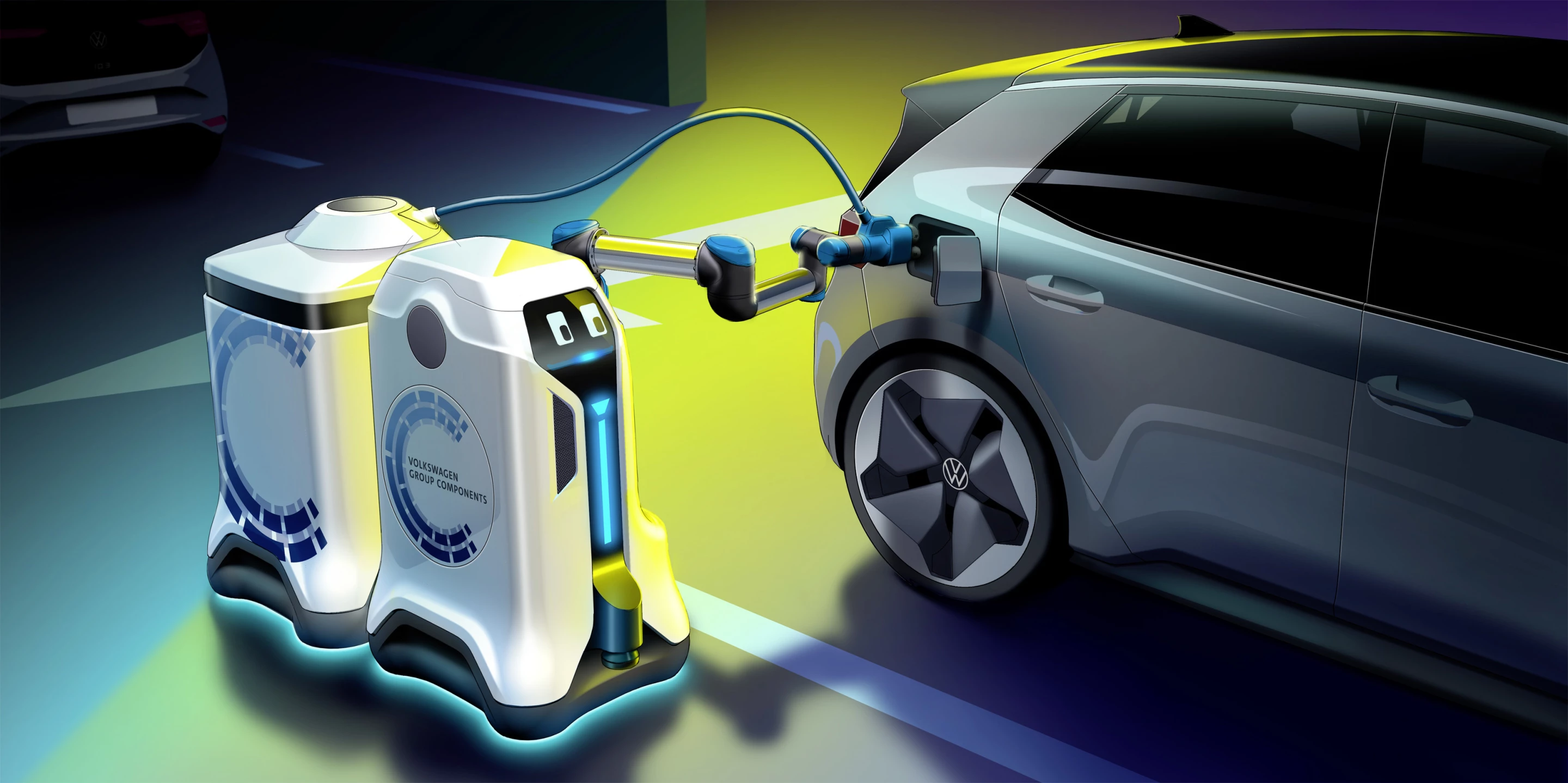 The mobile charging robot hooks the battery unit up to an EV