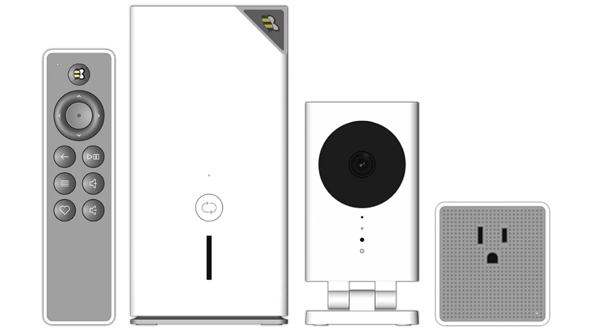 The QBee range consists of the Gateway and remote (left), Multi-Sensor Camera (center) and Switch (right)