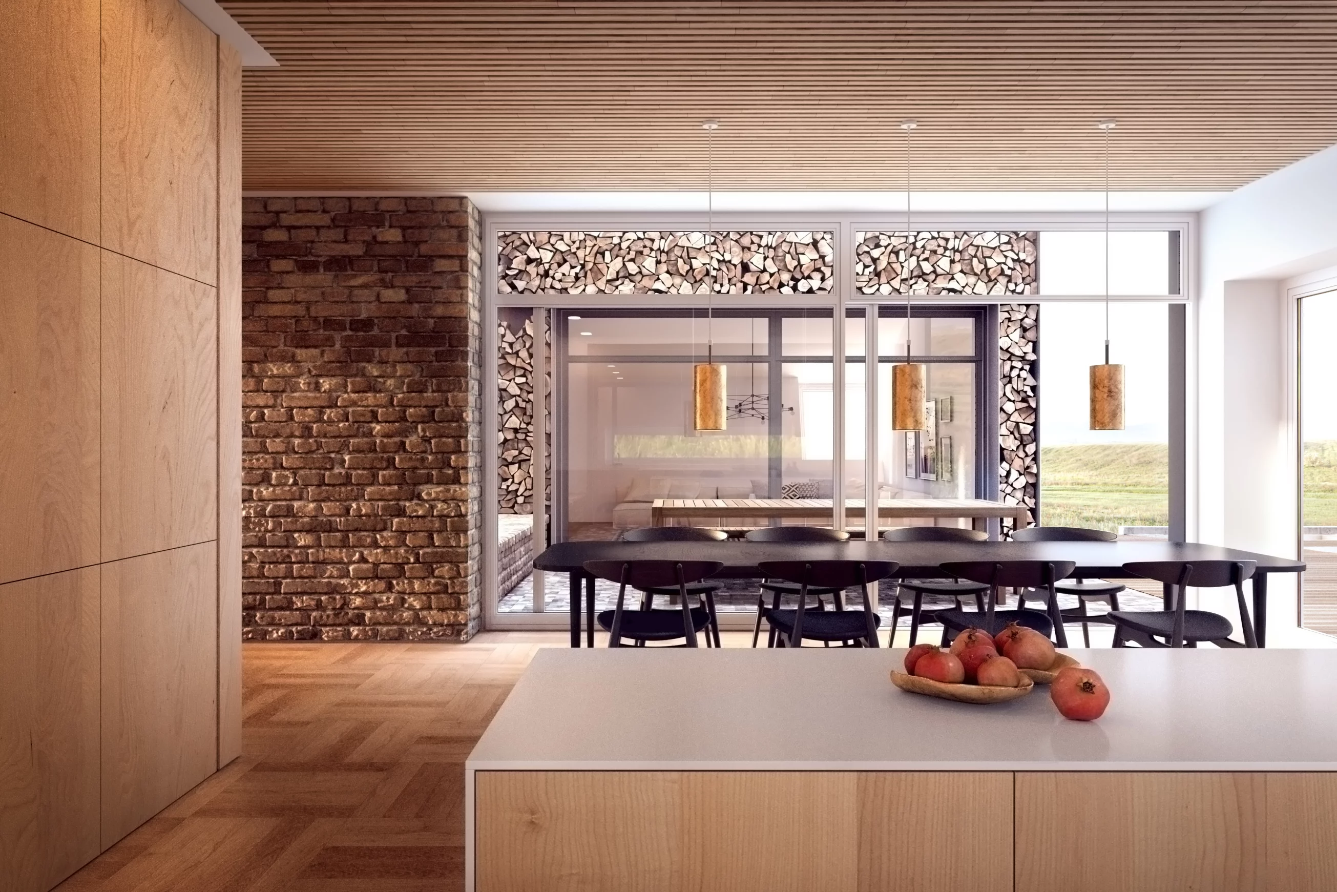 Inside, carefully-situated glass encourages solar heat gain, while a heat exchanger expels excess indoor heat and redirects it to warm tap water (Image: EVE)