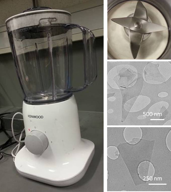 A standard kitchen blender, and transmission electron microscope images of graphene flakes (Photo: CRANN)