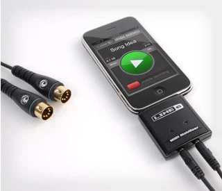 The MIDI Mobilizer plugs into the 30-pin connector of an iPhone or iPod Touch, then to a MIDI device (such as a keyboard or effects unit) via a Planet Waves cable