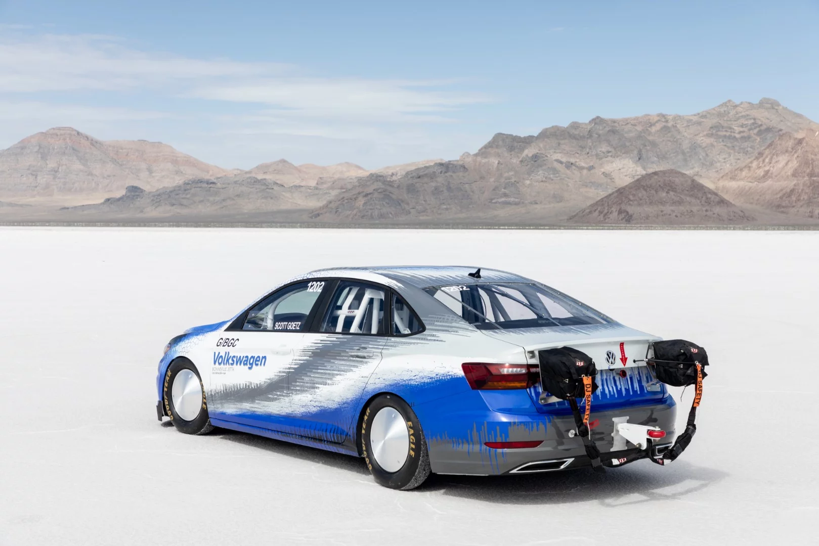 A pair of parachutes was added to the modified VW Jetta to bring the high-speed car to a halt