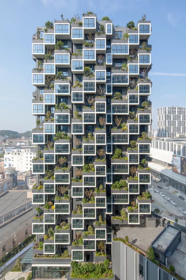 The Easyhome Huanggang Vertical Forest City Complex's two Vertical Forest towers reach a height of 80 m (262 ft)