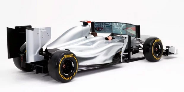 $140,000 US F1 simulator by FCMG International features mounds of carbon fiber, Brembo brakes, Pirelli show slicks and intricately detailed aero elements