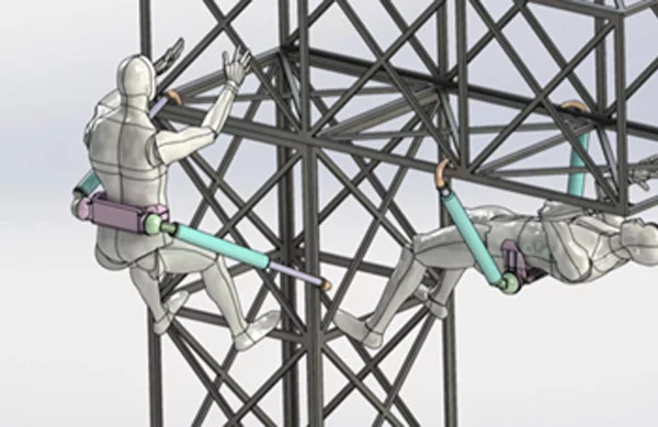 Visualization of use of robot limbs to attach construction workers to a construction project at various angles