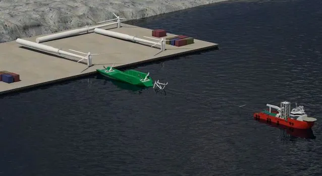 The WindFlip system would start with fully-assembled turbines being loaded horizontally onto purpose-built barges