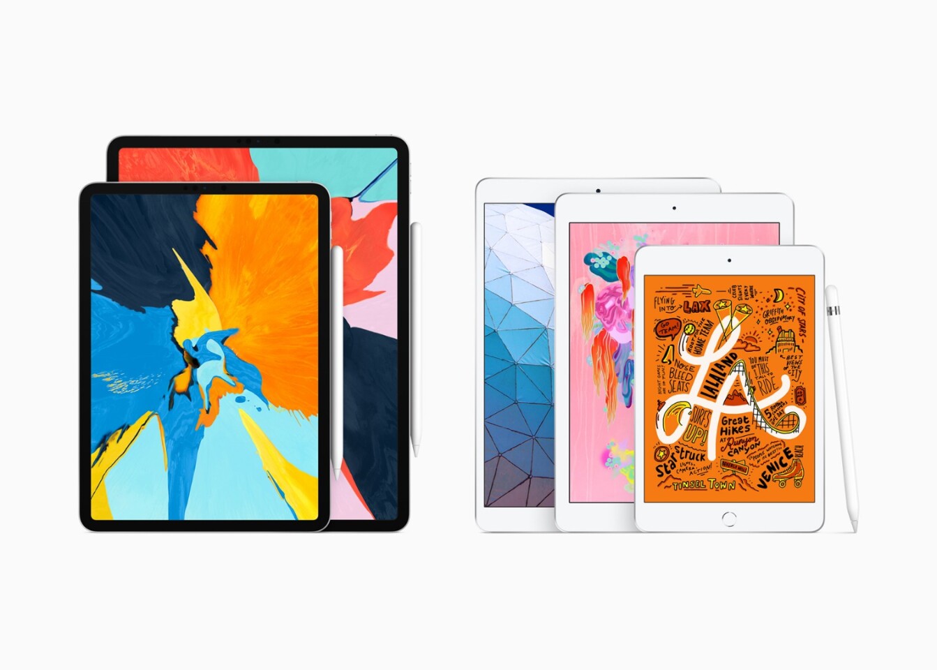 Apple's full iPad line-up, from left to right: 11-inch iPad Pro, 12.9-inch iPad Pro, 10.5-inch iPad Air, 9.7-inch iPad, 7.9-inch iPad Mini 5