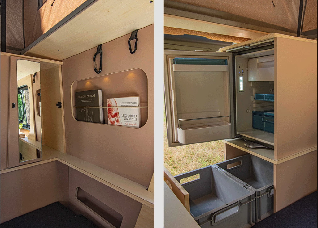 Amstervan looks to maximize storage space in the small footprint, adding a large drawer below the fridge and cubbies on the wall