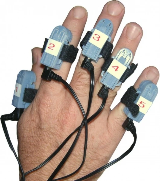 Close up of the finger sleeves which provide the software with a means to communicate instructions to the fingers