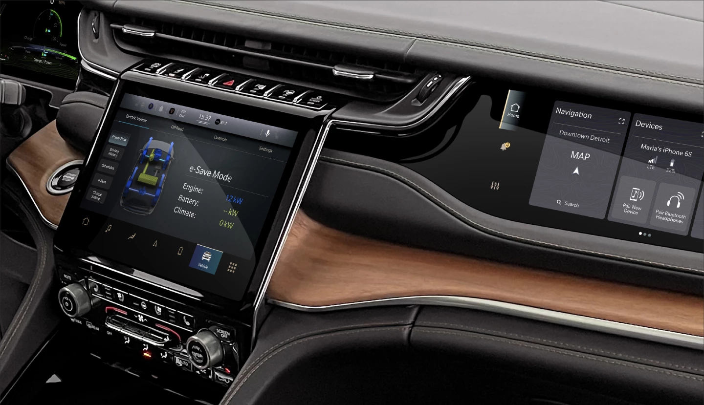 The 2022 Jeep Grand Cherokee 4xe features a Uconnect 5 10.1-inch touchscreen radio and available 10.25-inch front passenger screen