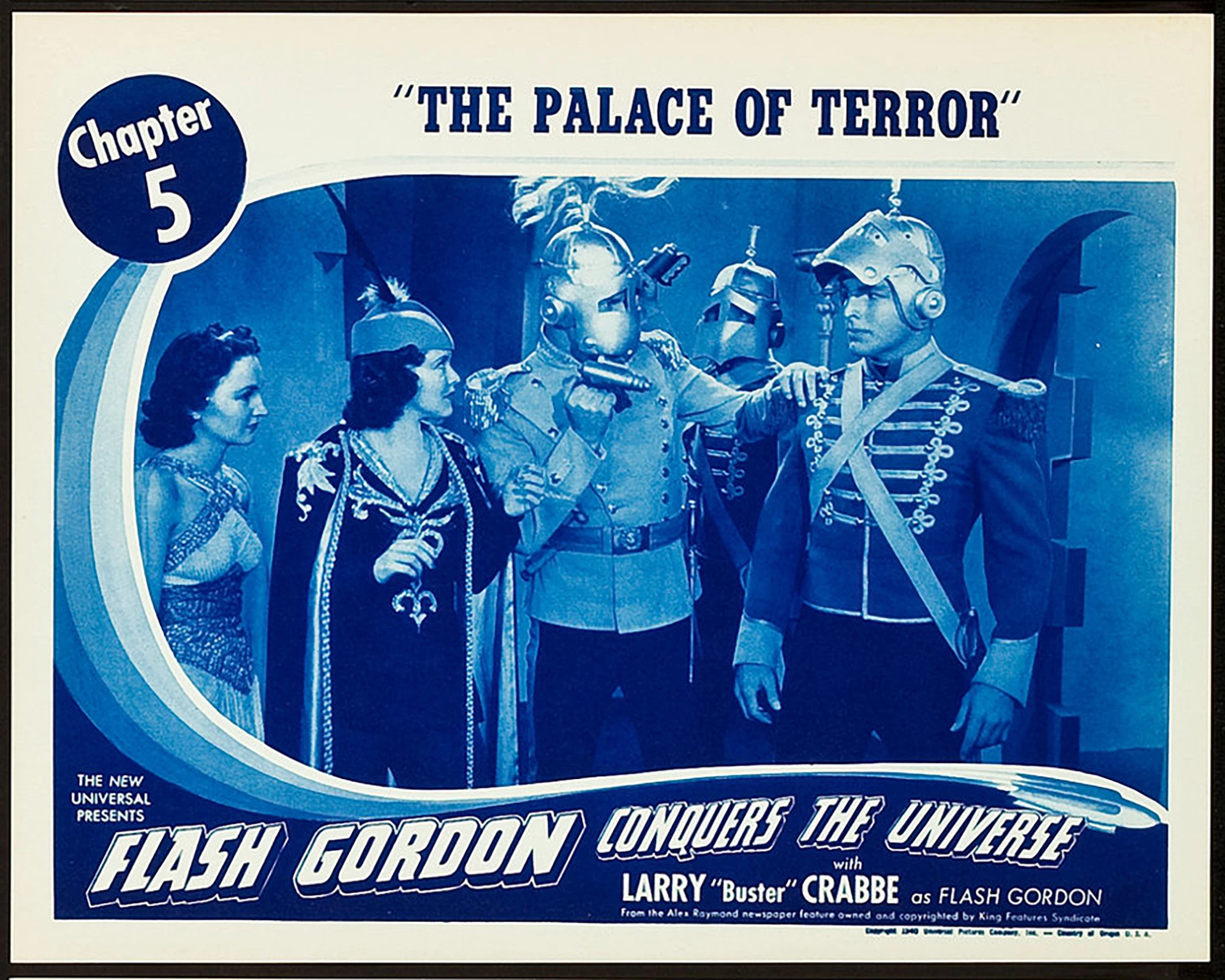 Flash Gordon was featured in three serial films: Flash Gordon (1936), Flash Gordon's Trip to Mars (1938), and Flash Gordon Conquers the Universe (1940). These movie serials were popular during the first half of the 20th century, consisting of a series of weekly episodes exhibited in consecutive order at theaters during the “shorts.” Each episode ended in a “cliffhanger” which helped to entice the audience back to the movie theater the following week for the next feature film, making the extremely popular Flash Gordon important to generating box office in movie theaters as audiences followed his adventures over months. Lobby cards such as this were important in promoting the next episode of the serial and are now highly sought after by collectors