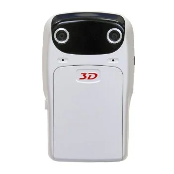 The 3D camcorder features dual 5MP high definition CMOS image sensors and fixed lenses with 4x digital zoom