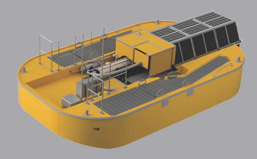 Iceberg-class desalination buoys use mechanical power from the local waves, as well as a few small solar panels, to desalinate, test and pump water b