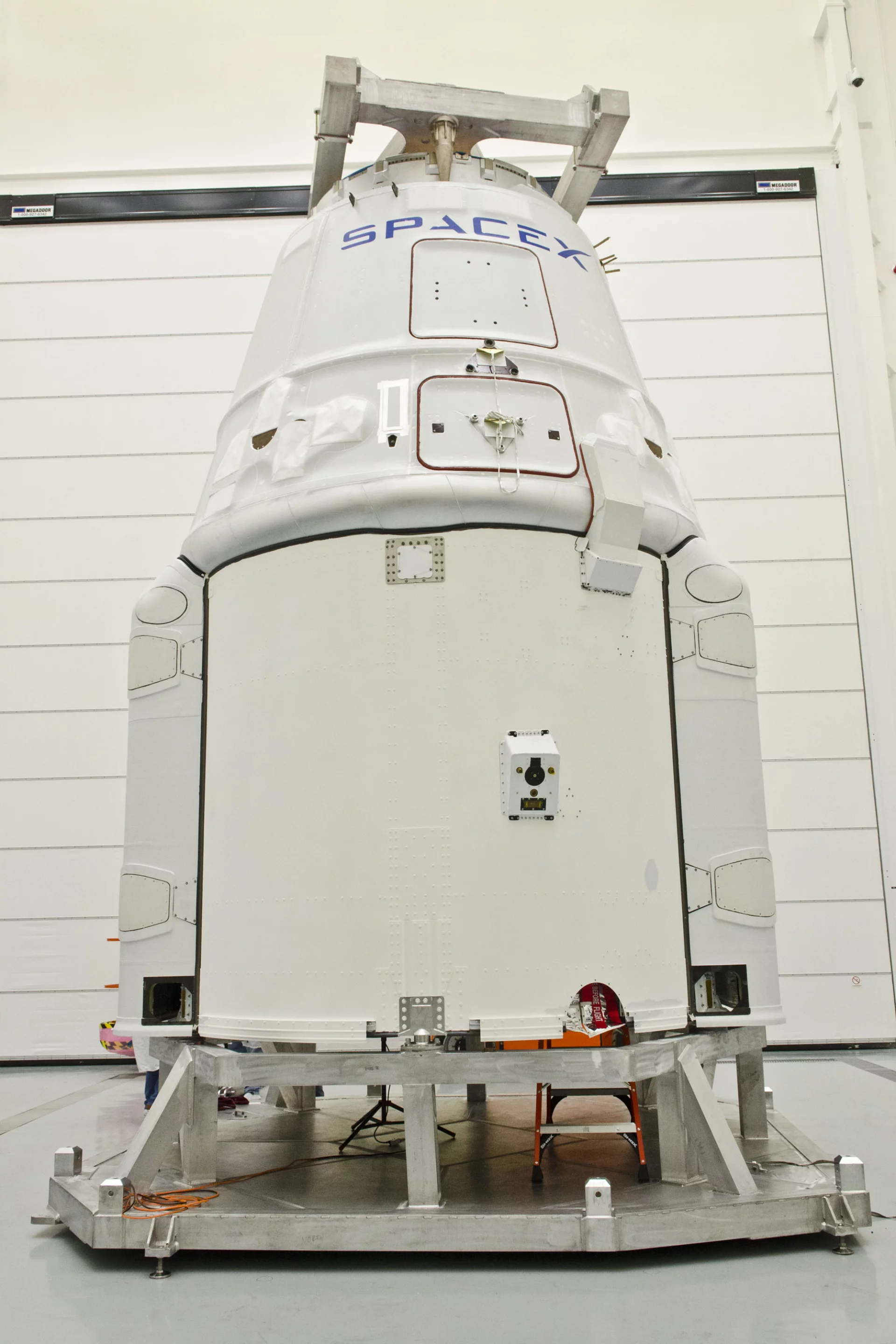 Dragon in SpaceX's hangar, prior to vehicle mate