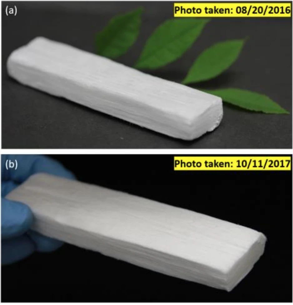 Nanowood insulation before and after a year in regular ambient conditions