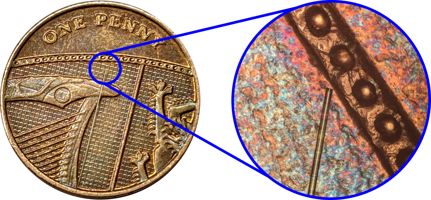 Image shows the newly developed ultrasonic probe alongside a US penny for scale